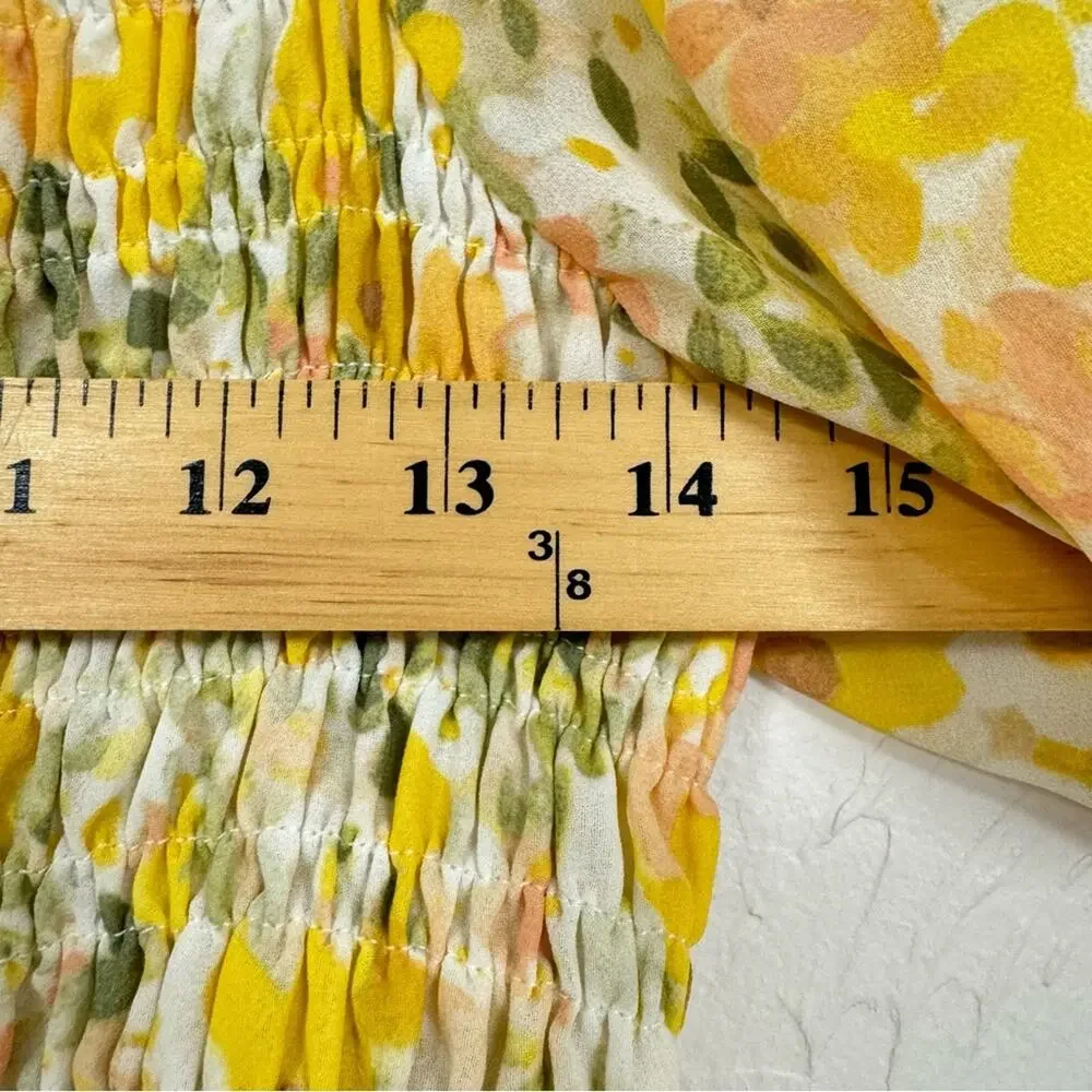 Astr Yellow Ditsy Floral Puff Sleeve Blouse Womens M Smocked Romantic Coquette